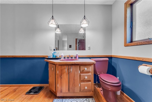 bathroom featuring toilet, hardwood / wood-style flooring, and vanity