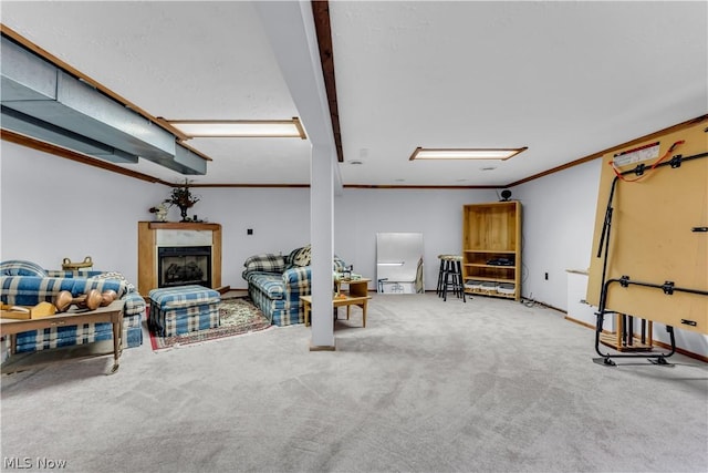 interior space with ornamental molding and carpet flooring