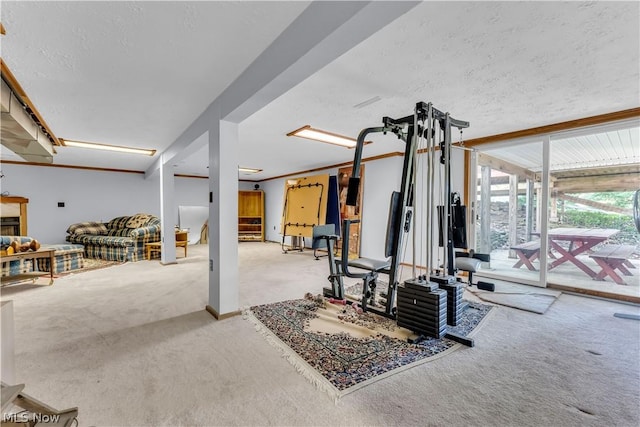 exercise area with crown molding, a textured ceiling, and light colored carpet