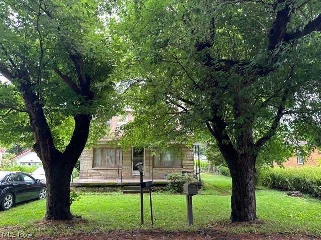 obstructed view of property with a front lawn