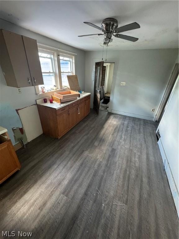 interior space with ceiling fan and dark hardwood / wood-style flooring