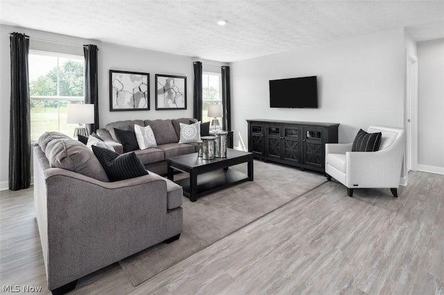 living room with light wood-type flooring, a textured ceiling, and a wealth of natural light