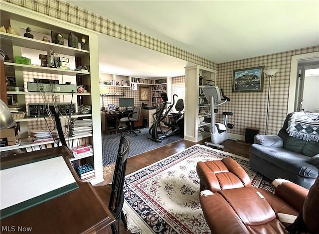 living room with dark hardwood / wood-style flooring