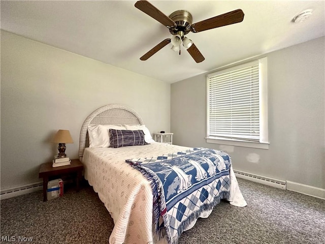 carpeted bedroom featuring ceiling fan and a baseboard heating unit