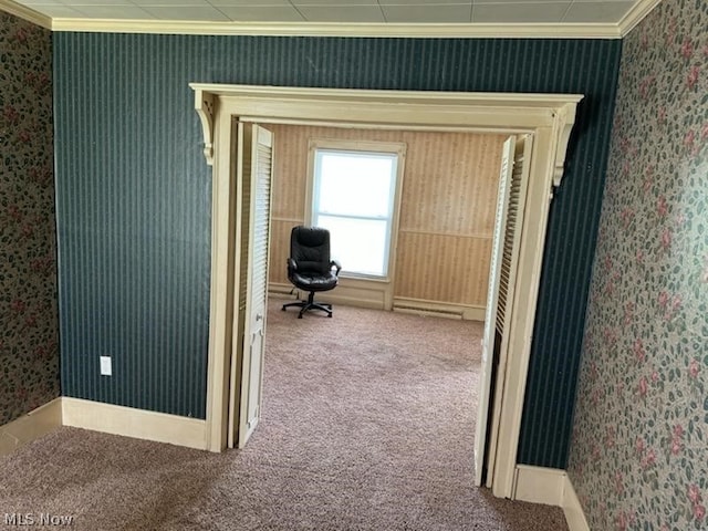 hallway featuring carpet and crown molding