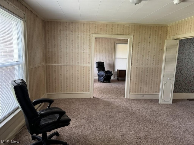 unfurnished office with carpet floors and crown molding