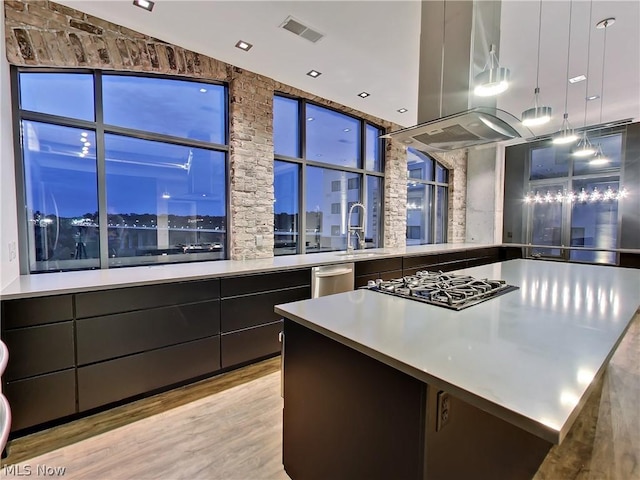 kitchen featuring light hardwood / wood-style flooring, sink, appliances with stainless steel finishes, island range hood, and pendant lighting