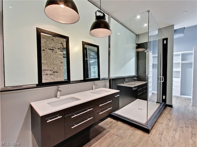 bathroom with walk in shower, hardwood / wood-style floors, and double vanity