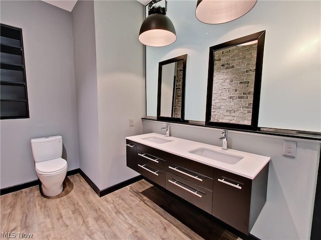bathroom with toilet, vanity, and wood-type flooring