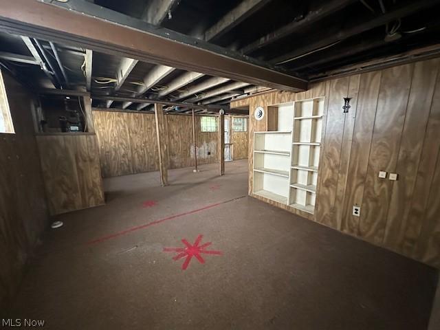 basement with wood walls