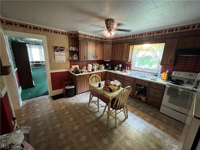 kitchen with ceiling fan, ventilation hood, sink, and white range with electric stovetop