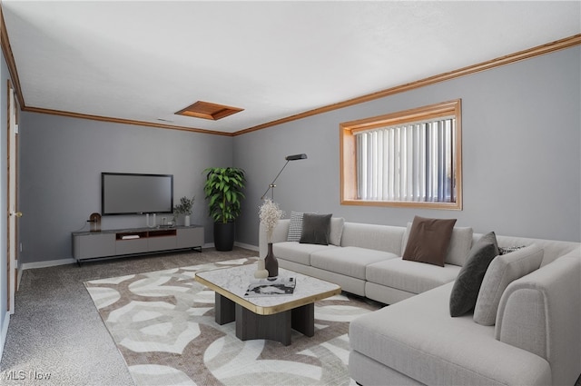 carpeted living room featuring crown molding