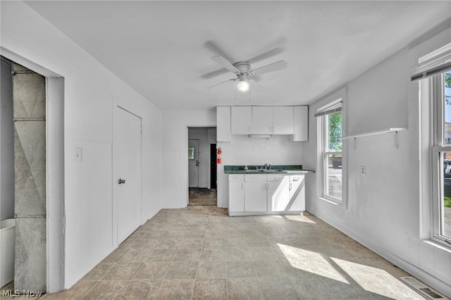 kitchen featuring ceiling fan, sink, and white cabinets