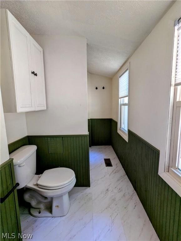 bathroom with wood walls, a textured ceiling, and toilet