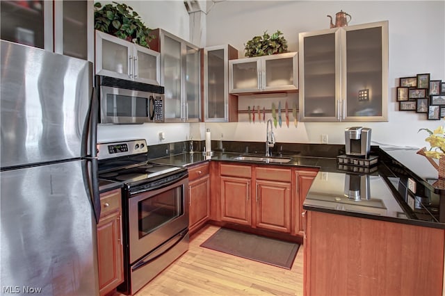 kitchen featuring stainless steel appliances, sink, and light wood-type flooring