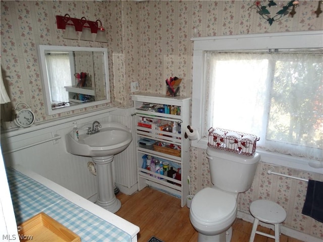 bathroom featuring hardwood / wood-style floors, sink, toilet, and a healthy amount of sunlight