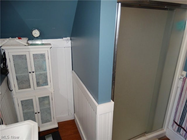 bathroom with hardwood / wood-style flooring