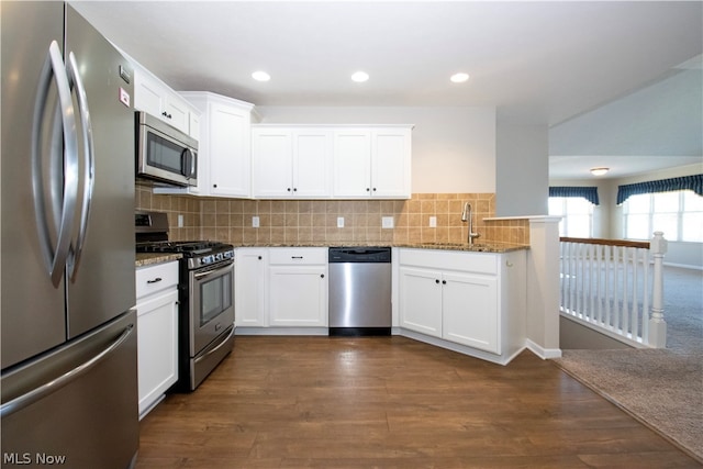 kitchen featuring stainless steel appliances, stone counters, a sink, and decorative backsplash