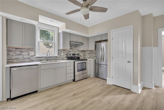 kitchen featuring ceiling fan, light hardwood / wood-style floors, appliances with stainless steel finishes, decorative backsplash, and sink