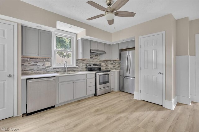 kitchen featuring ceiling fan, light hardwood / wood-style floors, appliances with stainless steel finishes, decorative backsplash, and sink