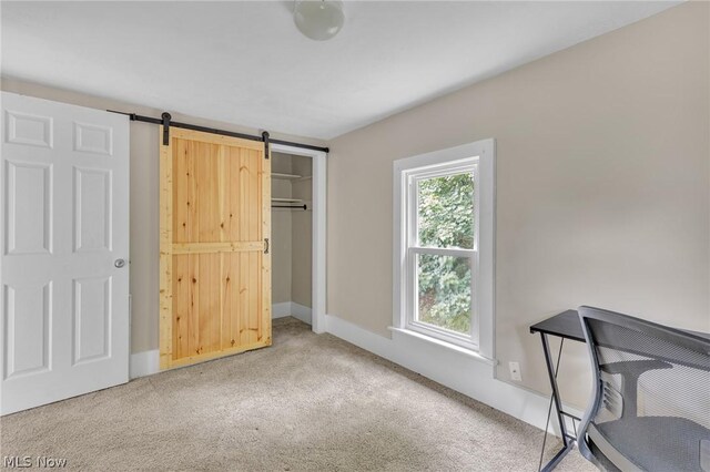 unfurnished office featuring light carpet and a barn door