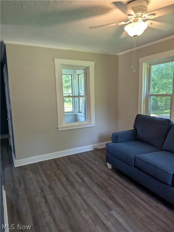 unfurnished living room featuring a healthy amount of sunlight, ceiling fan, ornamental molding, and a textured ceiling