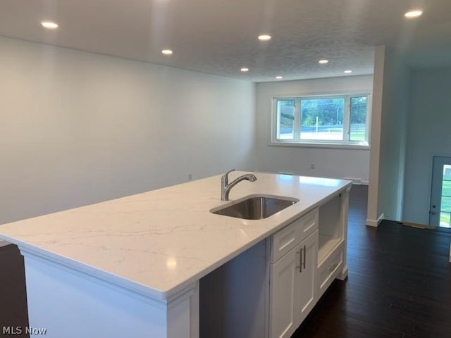 kitchen with white cabinets, sink, and an island with sink