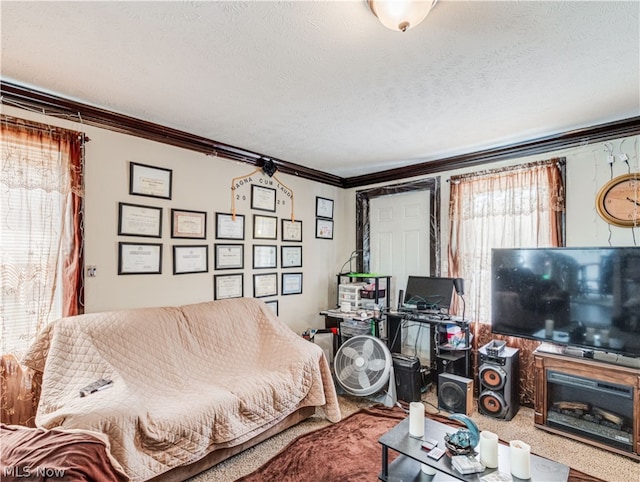 carpeted bedroom with a textured ceiling and crown molding