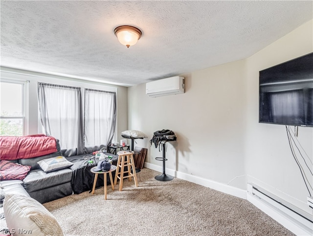 carpeted living room featuring a wall mounted AC, baseboard heating, and a textured ceiling