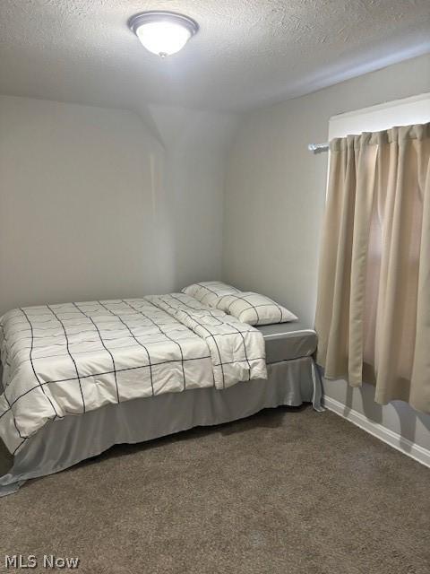 bedroom with carpet floors, a textured ceiling, and vaulted ceiling