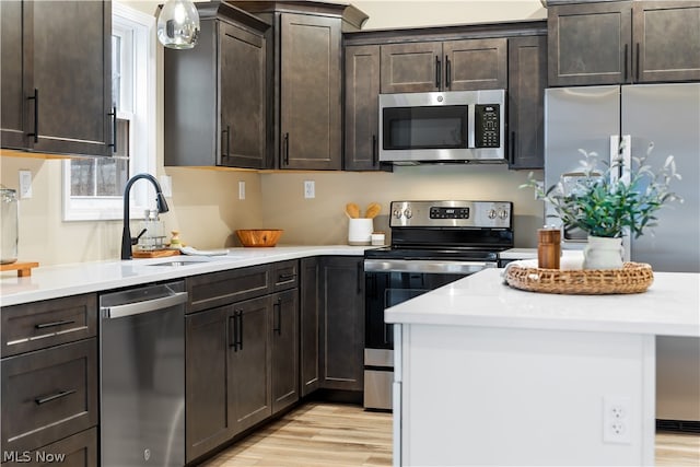 kitchen with light hardwood / wood-style floors, dark brown cabinetry, sink, and stainless steel appliances