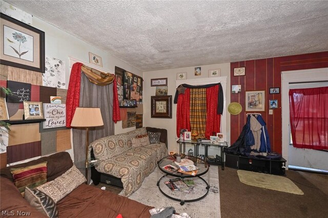 living room with a textured ceiling