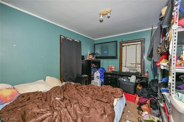 bedroom featuring carpet floors and ornamental molding