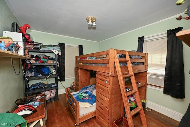 bedroom with dark wood-style floors, baseboards, cooling unit, and crown molding