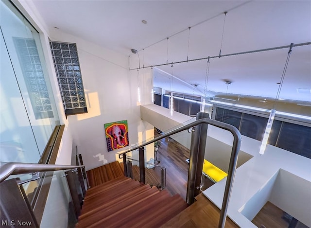 staircase with wood-type flooring