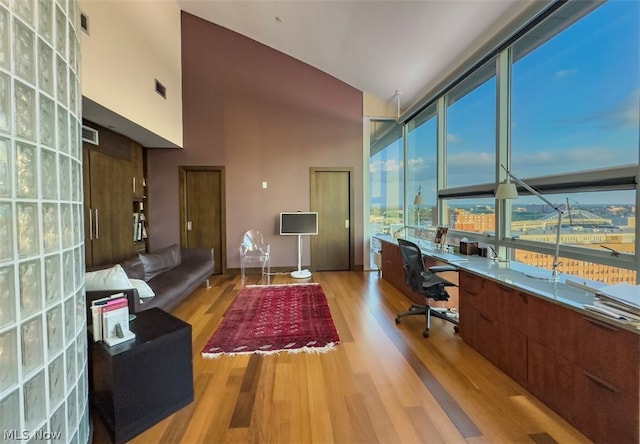 interior space with light hardwood / wood-style flooring and a towering ceiling