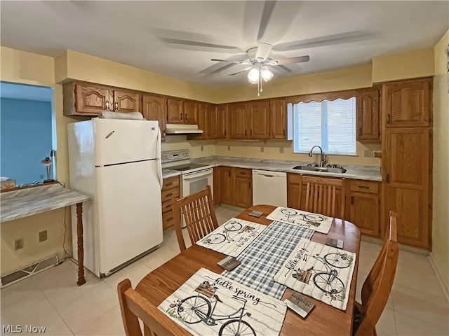 kitchen with sink, ceiling fan, white appliances, and light tile patterned floors