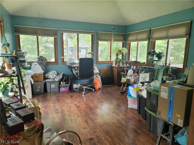 office space featuring vaulted ceiling and hardwood / wood-style floors