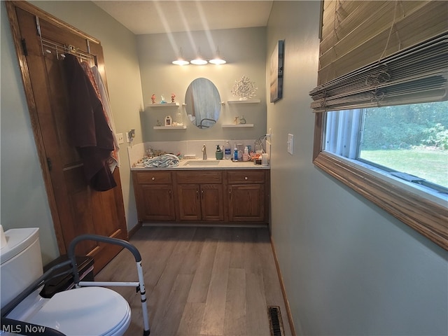 bathroom featuring hardwood / wood-style flooring, toilet, and vanity