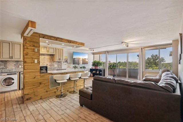 living room featuring washer / dryer and light hardwood / wood-style floors