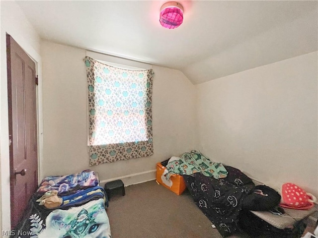 bedroom featuring lofted ceiling and carpet floors