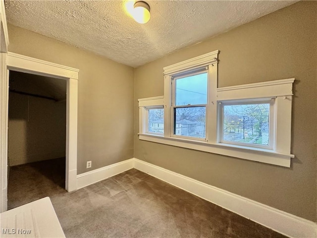 interior space with a walk in closet, carpet, and a textured ceiling