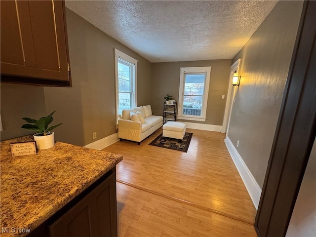 living room with a textured ceiling and light hardwood / wood-style floors