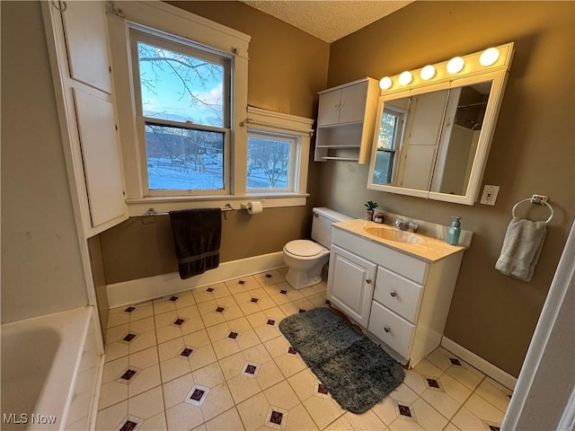 full bathroom with vanity, toilet, independent shower and bath, and a textured ceiling