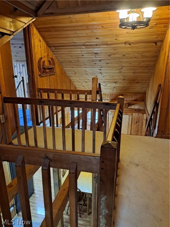 interior space with wood ceiling and wooden walls