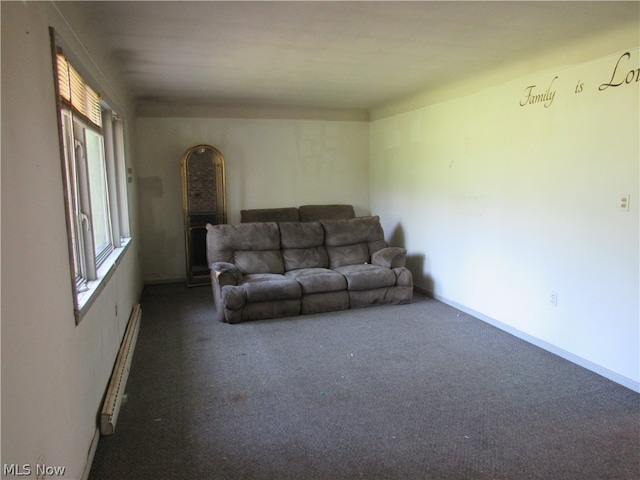 carpeted living room with a baseboard radiator and a wealth of natural light