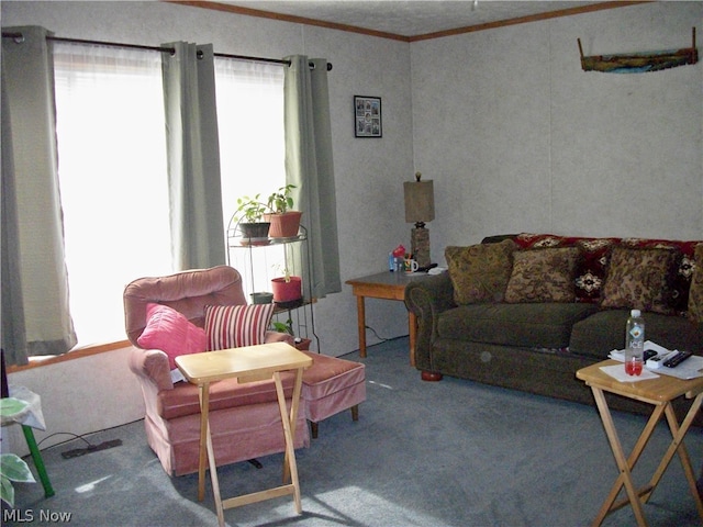 living room with carpet floors and ornamental molding