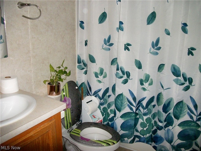 bathroom with vanity, toilet, and walk in shower