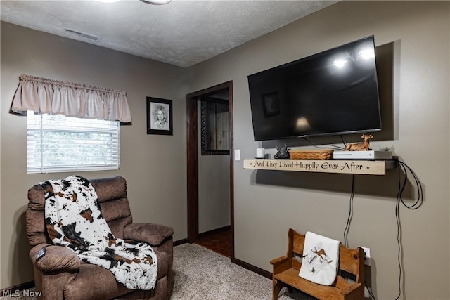 sitting room featuring a textured ceiling and carpet flooring