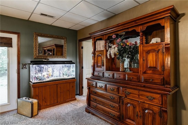 interior details with a paneled ceiling, carpet floors, and wooden walls